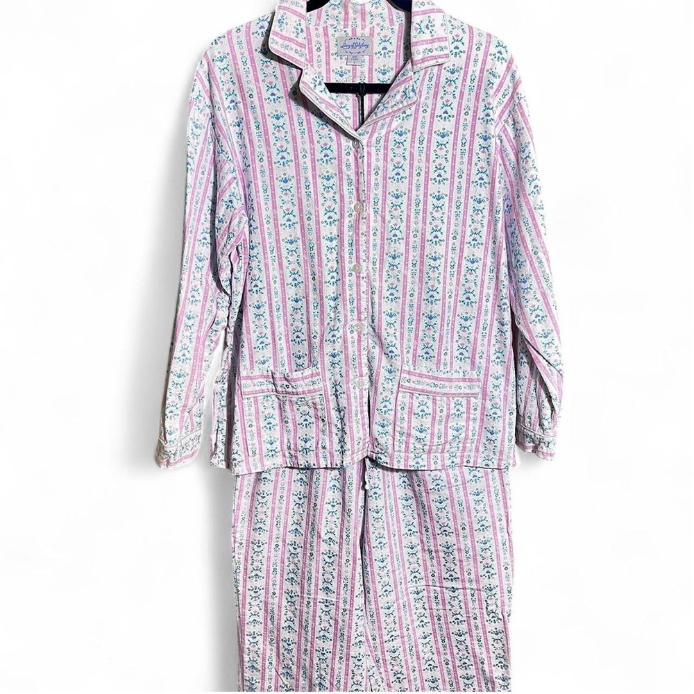 100% Cotton Flannel Pajamas White with Baby Pink and Blue Ditzy Floral Stripes